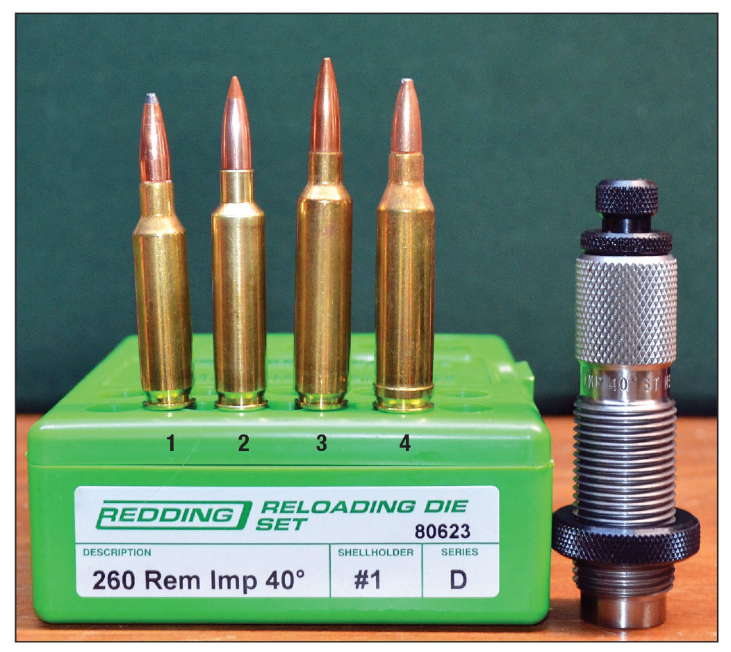 The 260 Remington Improved is shown here with other cartridges of its  caliber: (1) 6.5 Creedmoor, (2) 260 Remington Improved, (3) 6.5-284 and (4) 6.5 Remington Magnum.